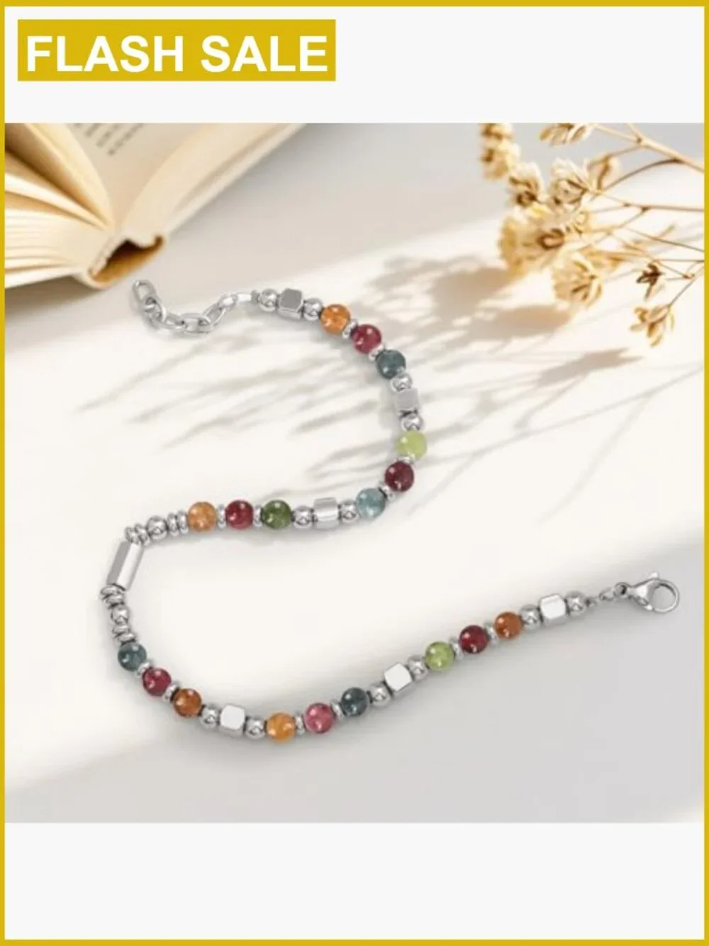 Boho Adjustable Stackable Beaded Link Bracelet Stainless Steel